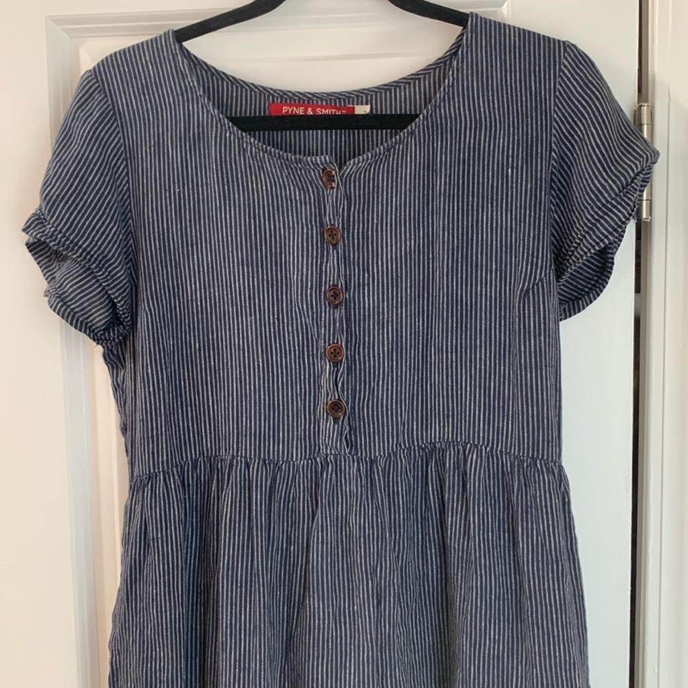 Pine and Smith linen dress. Blue stripe. Size Medium.
